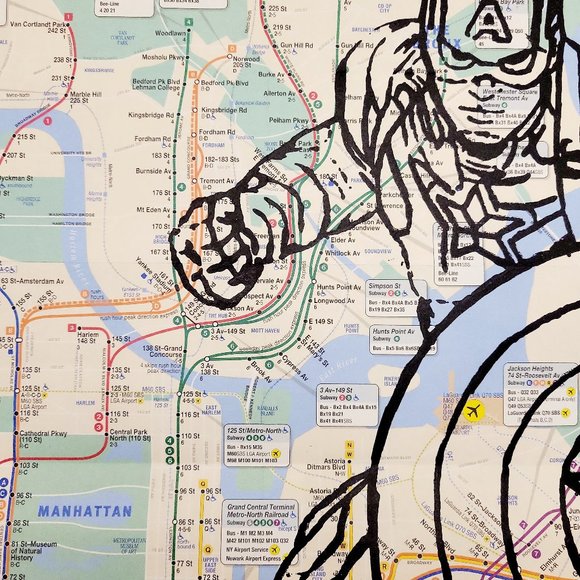 Handpainted Marvel Captain America Art on NYC Subway Map Rare Original Artwork - Picture 5 of 11